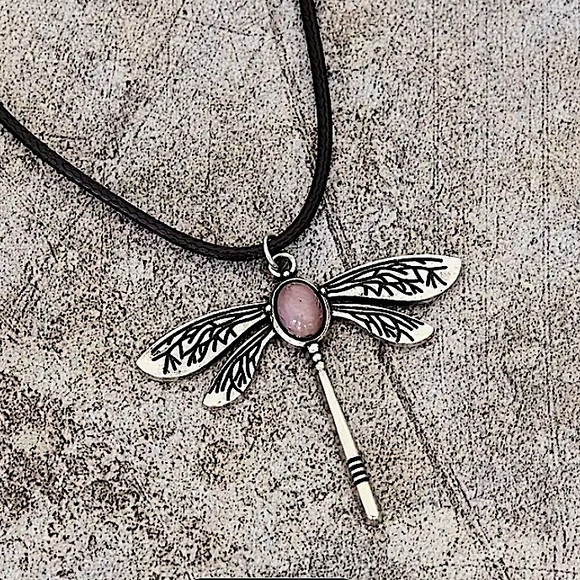 Stone Dragonfly Vintage Statement Pendant Necklace, Bohemian, Boho, Tribal - Picture 2 of 5